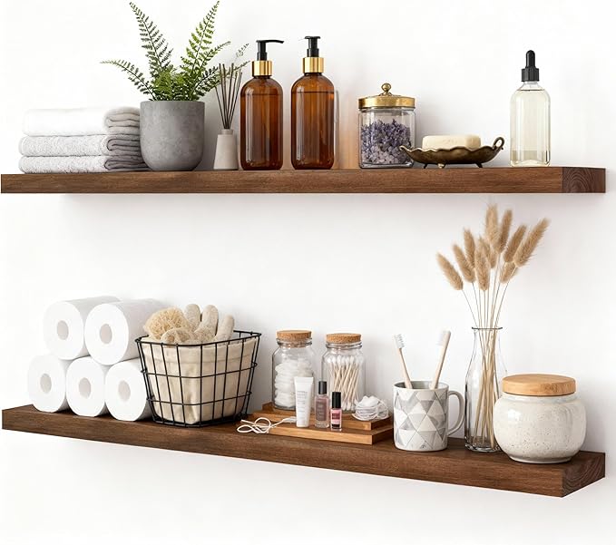 foxsky 48 Inch Solid Pine Wood Floating Shelves for Wall with Hidden Brackets, Rustic Farmhouse Wall Mounted Shelf for Bathroom, Living Room, Bedroom, Kitchen, Office Decor (Walnut)