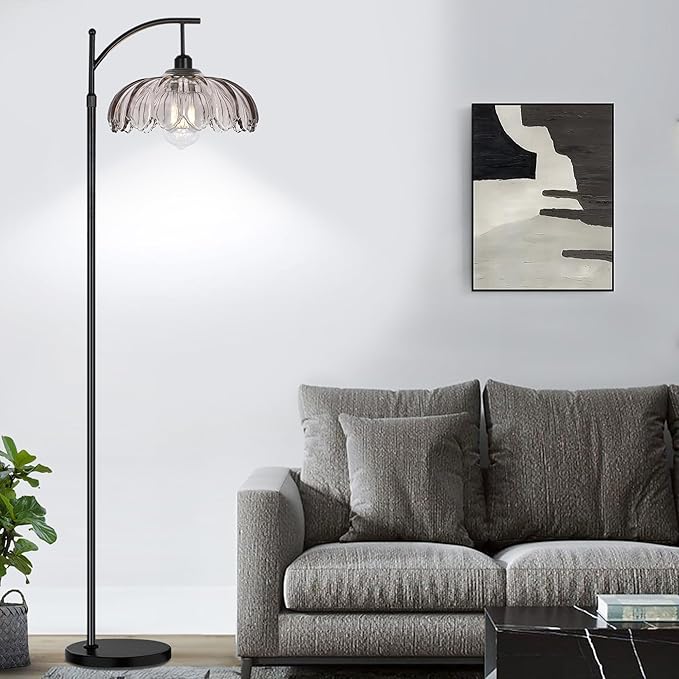 Arc Floor Lamps for Living Room with Remote,Black Dimmable Floor Lamp with Gray Glass Shade,Unique Vintage Flower Standing Tall Lamp,Modern Mid Century Floor Lamps for Bedroom Office Corner