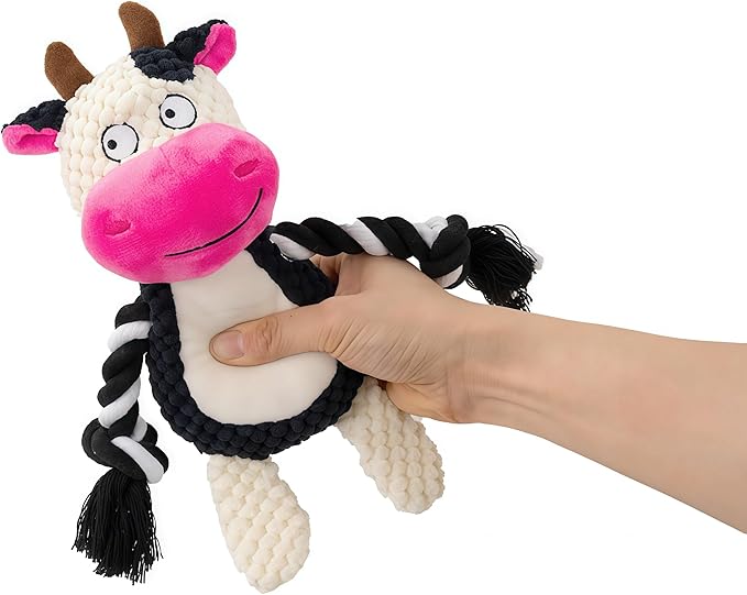 Dog Toy with Rope Arms Dairy Cow, Squeaky Interactive Pet Toy, Purple, for Small & Medium Dogs