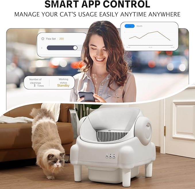 Self Cleaning Litter Box,Open Top Automatic Litter Box with App Control for Multiple Cats, Safety Sensors Protection, Odor Control Includes 2 roll Liners,Large Waste Bin, Cream White