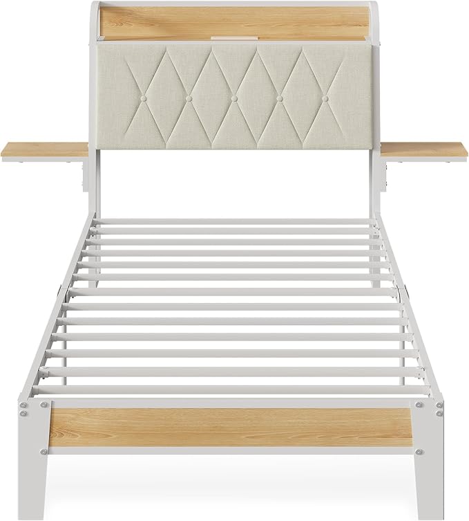 WLIVE Twin Size Upholstered Bed Frame with 2 Side Shelves, Linen Tufted Storage Headboard with Charging Ports and LED Light, Metal Solid and Stable, No Box Spring Needed, Easy Assembly, Beige