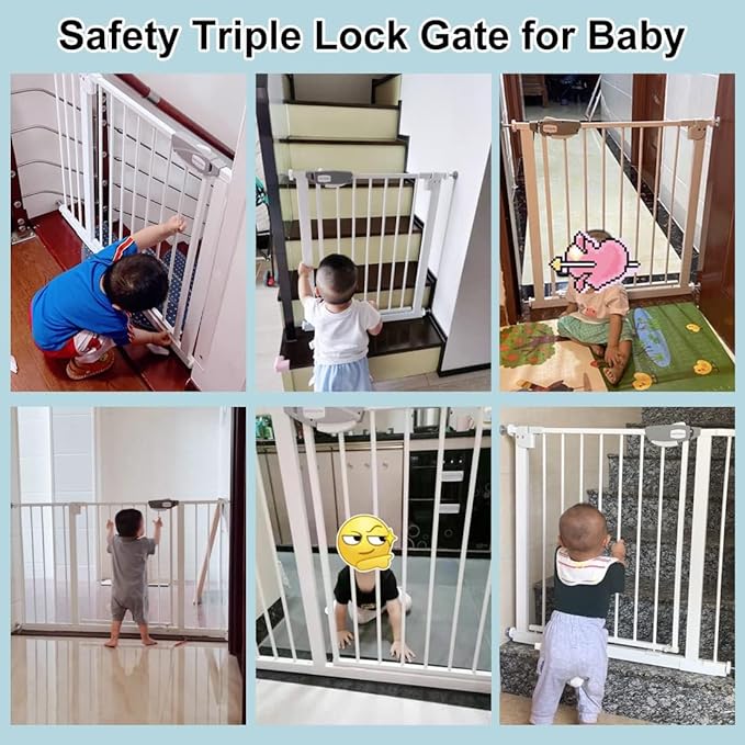 WAOWAO Triple Lock Baby Gate Extra Wide 53.93-57.87" Pressure Mounted Walk Through Swing Auto Close Safety White Metal Dog Pet Puppy Cat for Stairs,Doorways,Kitchen