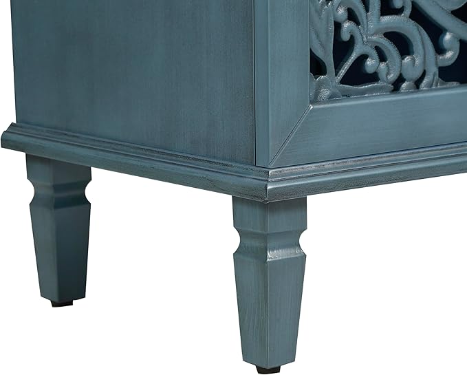 Retro 60'' Large Storage Cabinet Sideboard with 4 Hollow-Carved Doors and Adjustable Shelves, Acacia Wood Vintage Entryway Console Table TV Stand for Living Room Dining Room (Antique Blue-LK)