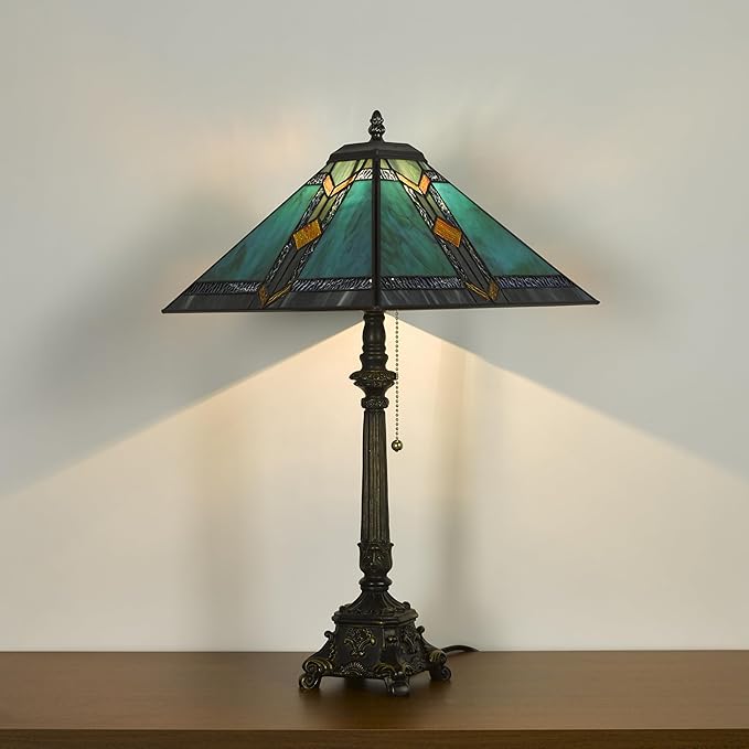 Tiffany Table Lamps Blue Stained Glass Striped Checkered Style Mission Desk Lamp 12X12X24 Inch Bronze Resin Base