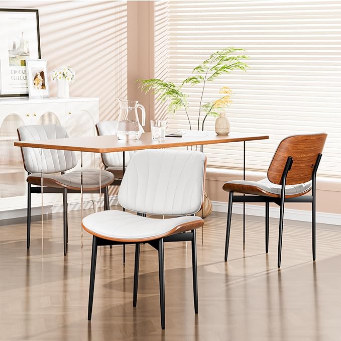 Dining Chairs Set of 8, Dining Room and Kitchen Chairs, FSC Certified Mid Century Modern Accent Chair, Upholstered PU Leather Chairs for Vanity with Walnut Bentwood and Metal Legs, White
