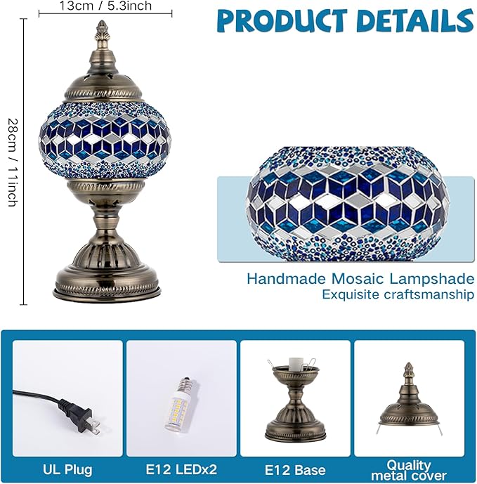 Turkish Moroccan Table Lamp Lantern with Handmade Mosaic Glass Lampshade Tiffany Style Bohemian Stained Glass Decorative Desk Lamps Bedside Night Lights for Bedroom (Multiple Blues)