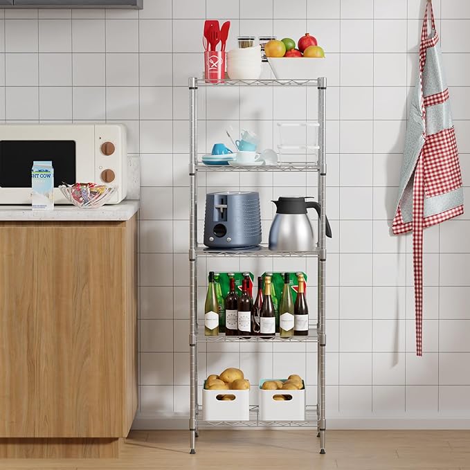 BestOffice 5-Shelf Storage Shelves, Adjustable Shelving Unit Wire Shelving Metal Shelves,11.8" D x 16.7" W x 47.6" H,Chrome