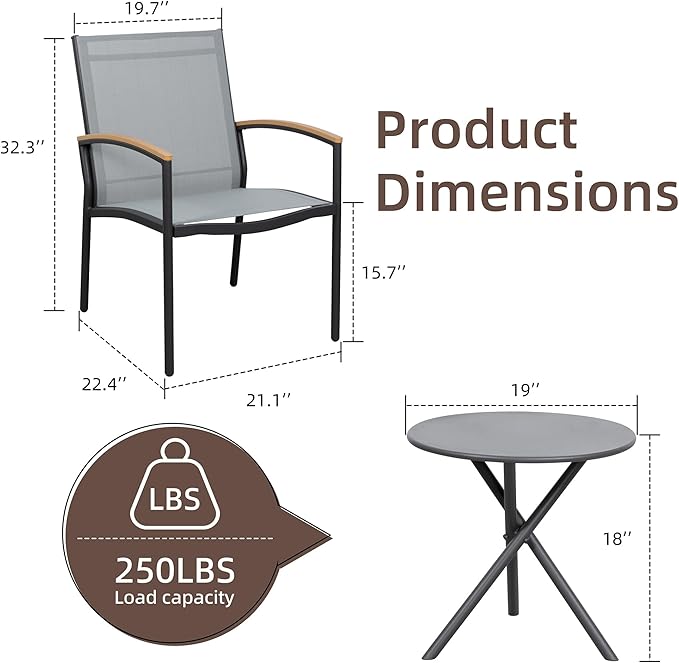 Shintenchi 3 Pieces Patio Bistro Sets, Outdoor Textilene Fabric Conversation Bistro Set, Textilene Fabric Front Porch Chairs Small Patio Furniture Set with Table for Lawn,Garden,Balcony (Grey)