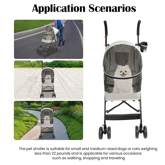 Pet Travel Stroller 22 * 18 * 38in, Pet Stroller Made of Oxford Cloth, Spray Molding Foldable, Small Dog Cat Cage Jogger Travel Carrier Breathable and Visible 22 Lbs Capacity(Gray)