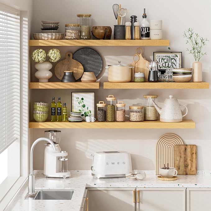 Heimlove 12" Deep Floating Shelves for Wall, 24 Inch Shelf Bathroom Shelves Set of 2, Mounted Shelves for Books Living Room Laundry Room Bedroom Kitchen Home Office, Oak