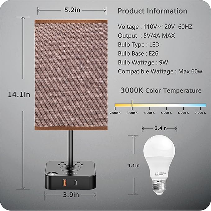 cozoo Bedroom Lamp Touch Control Bedside Table Lamp with USB C & USB A Charging Ports and 2 AC Outlets,Modern LED Desk Light with Charger Base Brown Fabric Shade for Bedroom/Nightstand/Office/Decor