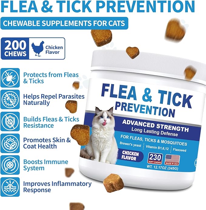 Cat Flea and Tick Chewable 230ct, Oral Flea and Tick Chews Supplement, Skin & Coat Support for Cats, Kittens, All Breeds & Sizes