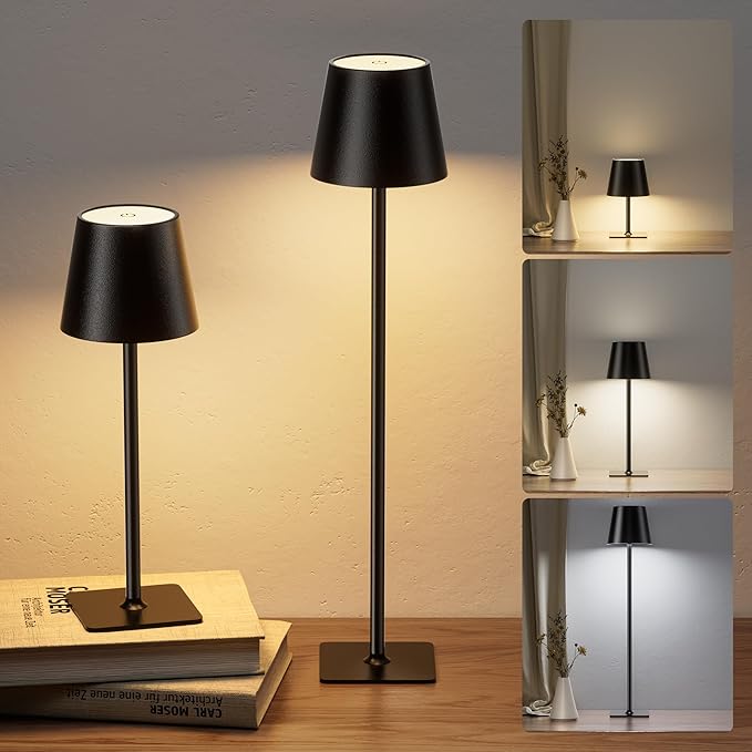JACKYLED Cordless Lamp DIY Height, 3 Color Stepless Dimming, 5000mAh Battery Operated Lamp Portable Rechargeable for Bedroom Dinning Kitchen Metal Black, 2 Pack