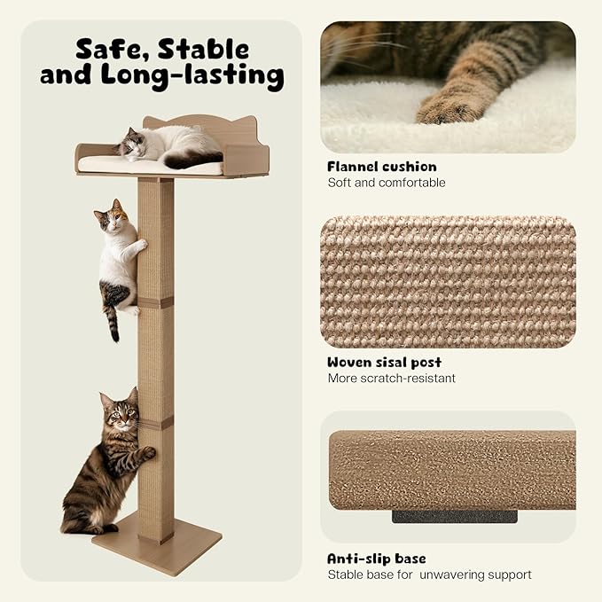 Cat Window Perch with Thick Sisal Scratching Post, Cats Hammock for Window with 3 Upgrade Suction Cups, 55" Adjustable Tall Cat Scratching Post with Large Perch, Cats Window Bed with Fuffy Cushion