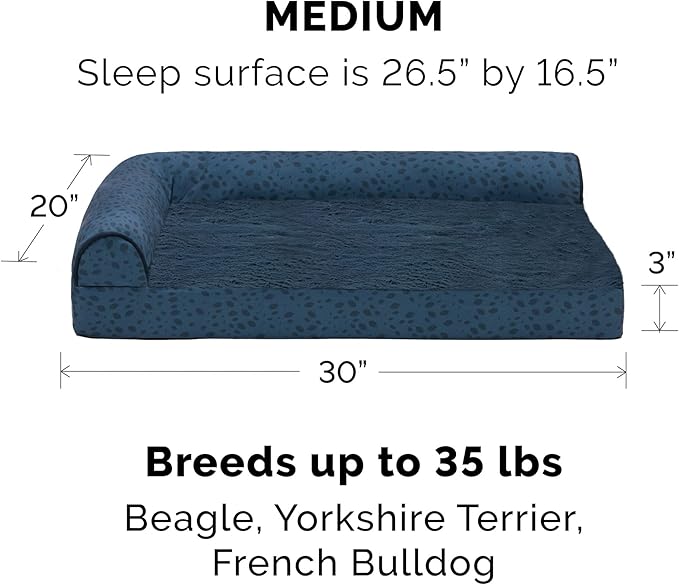 Furhaven Orthopedic Dog Bed for Medium/Small Dogs w/ Removable Bolsters & Washable Cover, For Dogs Up to 35 lbs - Plush & Almond Print L Shaped Chaise - Blue Almonds, Medium