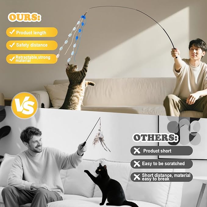 Cat Wand Toy, 8Pcs Retractable Plush Srtip Cat Teaser Wand Toys with Bell & String, Long Interactive Wand Toys for Indoor Kitten, Exercise