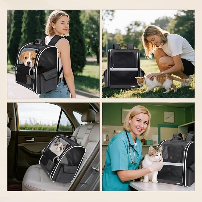 Lekereise Cat Backpack Carrier, Pet Carrier Backpack Airline Approved for Small Dogs Medium Cats Fit Up to 18 Lbs, Dogs Foldable Backpack Carrier for Travel, Hiking, Black