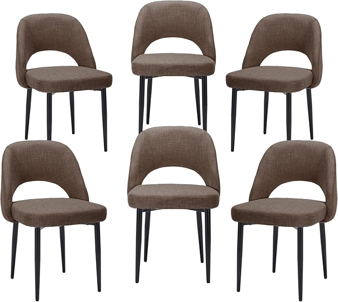 Modern Dining Chairs, Fabric Upholstered Accent Kitchen Chairs with Comfy Padded Seat & Sturdy Metal Legs, Side Farmhouse Chairs for Dining Room, Living Room, Restaurant (Brown, Set of 6)