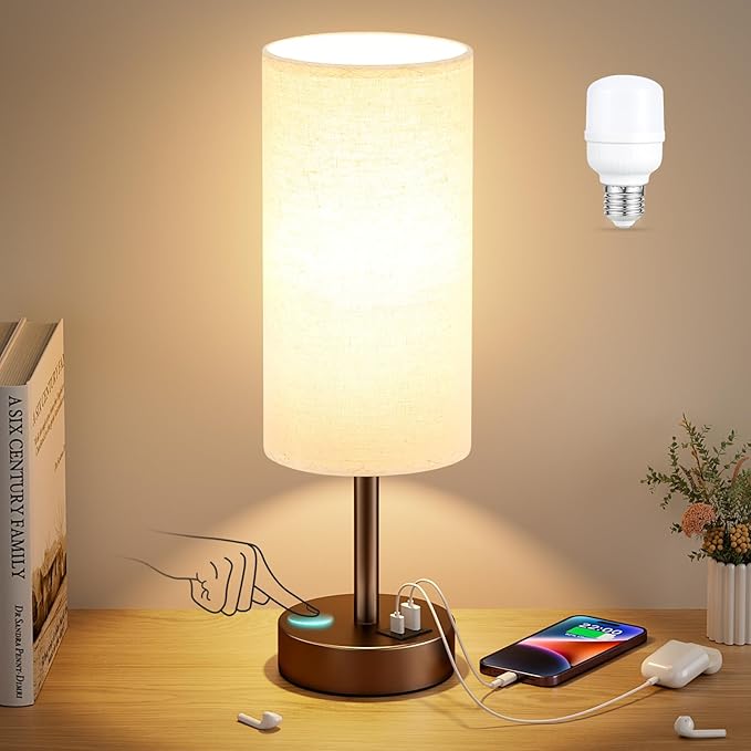 Dicoool Beige Touch Table Lamp for Bedroom - 3 Way Dimmable Bedside Lamp with USB, Nightstand Lamp with Brown Charging Station for Desk, Dorm, Office