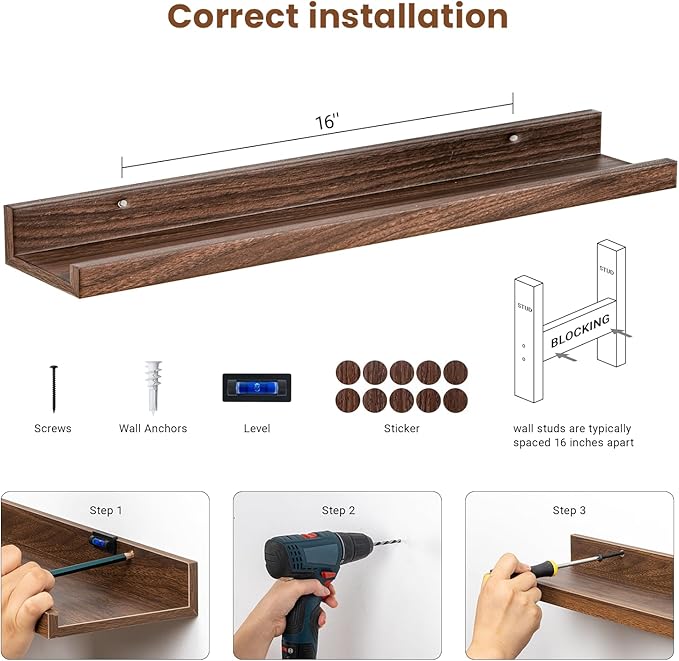 Heimlove Floating Shelves Set of 6, 24" Wall Mounted Picture Ledge, Display Shelf Organizer for Decor Storage, Wall Mounted Shelves for Living Room, Bedroom, Bathroom, Kitchen (Walnut)