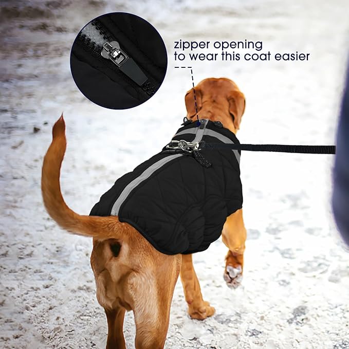 FUAMEY Dog Coat for Large Dogs,Waterproof Dog Winter Jacket with Harness Built in Puppy Cold Weather Coats Reflective Pet Vest with Zipper Warm Fleece Dogs Snowsuit Windproof Solid Black 2XL