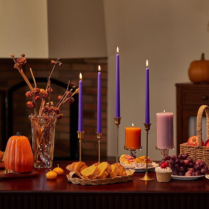 New Burning Formula Unscented Dripless 12-Inch Taper Candles Set of 12 - Purple, for Wedding, Dinner - Smokeless, Long Burning - Hand Poured, Colored Tall Candlesticks - Púrpura