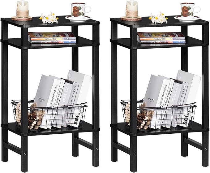 28in Tall Side Table 3-Tier Small Narrow End Table for Couch, Skinny Nightstand for Small Space, Farmhouse Slim Night Stand with Storage, Wooden Frame Thin Bedside Table, for Living Room, Black