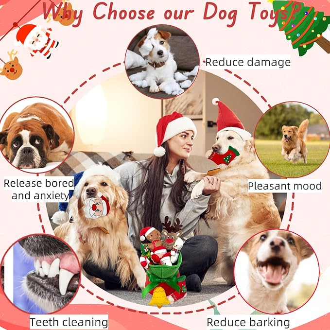 11pcs Set Christmas Dog Toys with Crinkle Flower Toys, Xmas Interactive Plush Dog Toys, Dog Enrichment Chew to Keep Them Busy, Dog Toy for Small Medium Large Puppuy Size