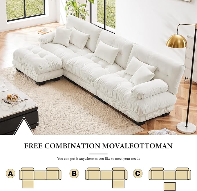 133.8" Oversized L-Shape Modern Chenille Couch, 3 Seater + 1 Ottoman, Upgraded-White