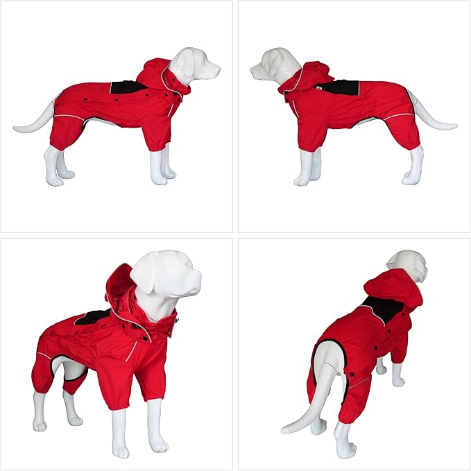 LOVELONGLONG Fleece-Lined Dog Raincoat with Removable Hood – Waterproof Winter Full Body Dog Jacket – Windproof Snowproof Cold-Weather Suit – Red-F 2XL