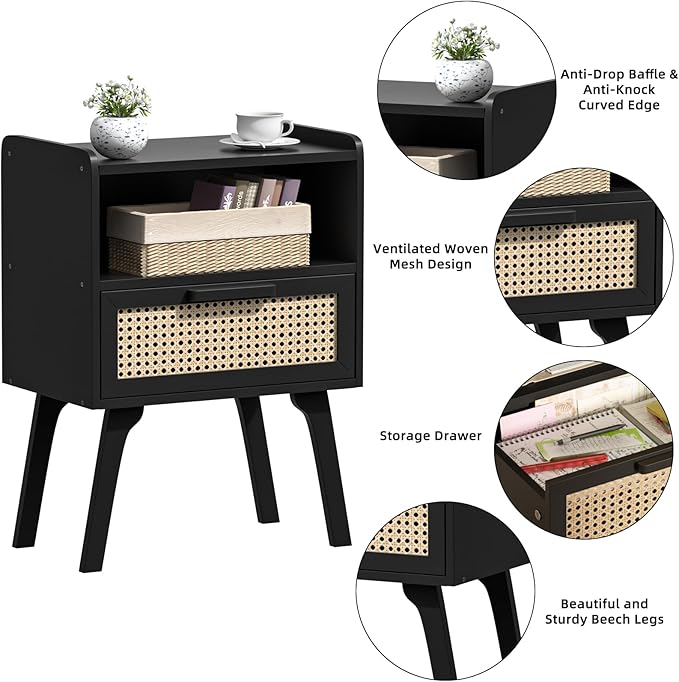 Lerliuo Rattan Nightstands Set of 2, Bedside Table with Drawer Open Shelf, Cane Accent Side End Table with Solid Wood Legs, Black Mid Century Night Stand for Bedroom, Dorm and Small Spaces