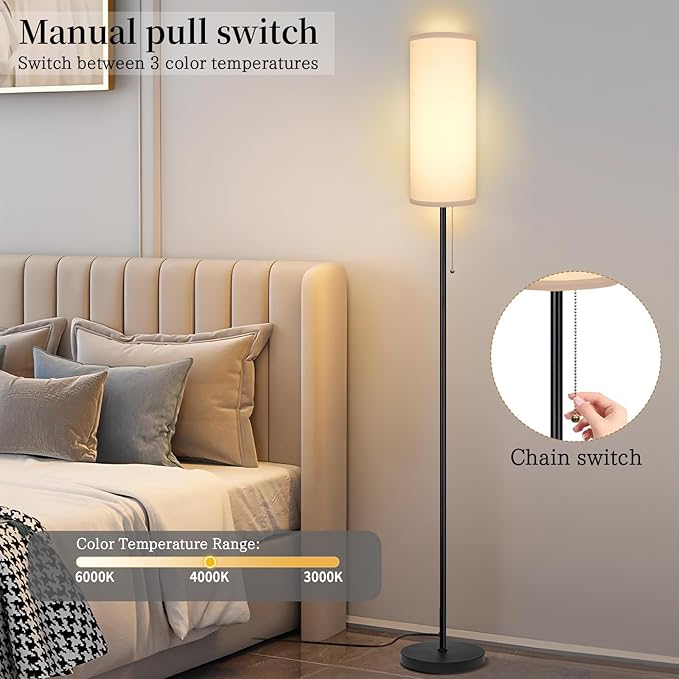 Floor Lamp for Living Room, Modern Standing Lamps with Lampshade, Minimalist Tall Lamp with Chain Switch for Living Room, Bedroom, Kids Room, Office,Standing Lamp LED Bulb Included (White Shade)