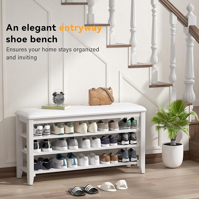 Shoe Rack Bench Entryway Storage with Leather Cushion, Shoe Organizer Bench for Entryway, Ideal for Front Doors Entrances Hallway Mudroom Featuring Rubberwood And 3 Height-Adjustable Removable Shelve