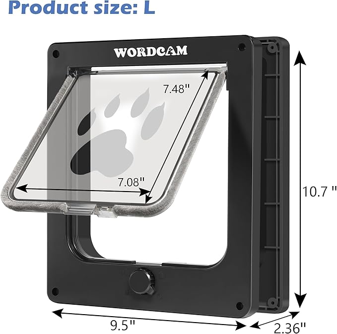 Wordcam Large Cat Door(Outer Size 10.7'' x 9.5''), Robust Cat Door for Interior Exterior Doors, 4 Way Lockable Cat Flap Door, Pet Door for Cats Kitty Kittens Doggies (Black, L)
