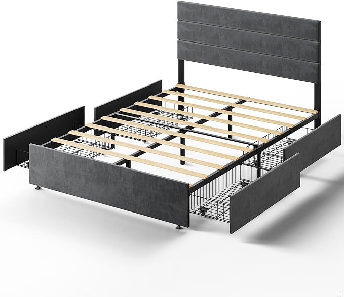 WLIVE Full Size Upholstered Bed Frame with 4 Drawers and Velvet Square Tufted Headboard, Sturdy Metal & Wooden Slats Support, No Box Spring Needed, Easy Assembly, Dark Grey