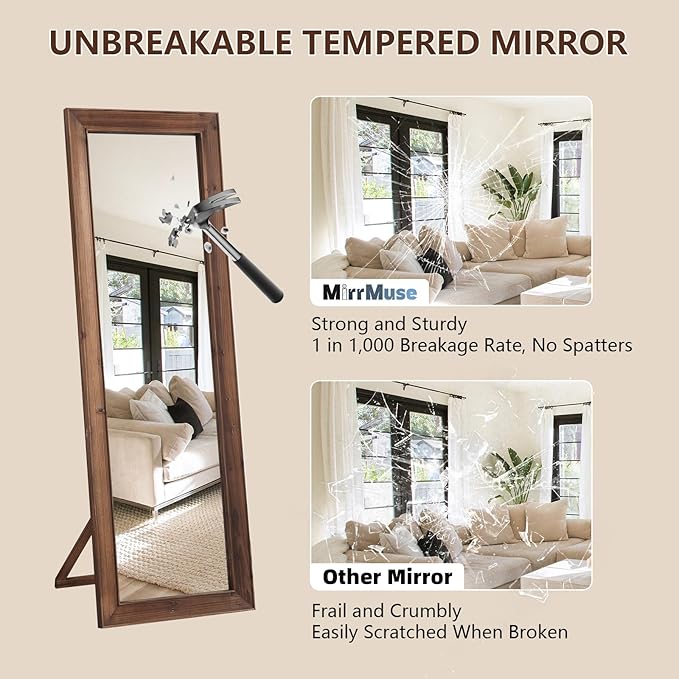 Farmhouse Standing Mirror Full Length, 64"X21" Rustic Wood Frame Floor Mirror with Stand, Full Body Mirror for Bedroom Living Room Entryway, Hanging or Leaning Wall-Mounted, Tempered Glass, Brown