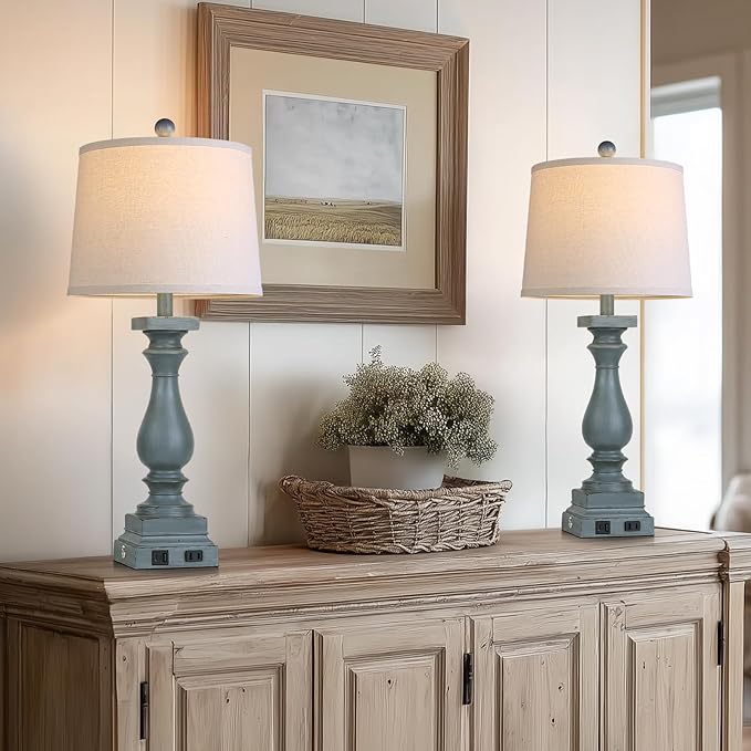28" Tall Farmhouse Table Lamp with USB C+A Ports and AC Outlet, 3 Way Touch Control Rustic Bedside Lamp for Bedroom, Blue Vintage Nightstand Lamp for Living Room Office