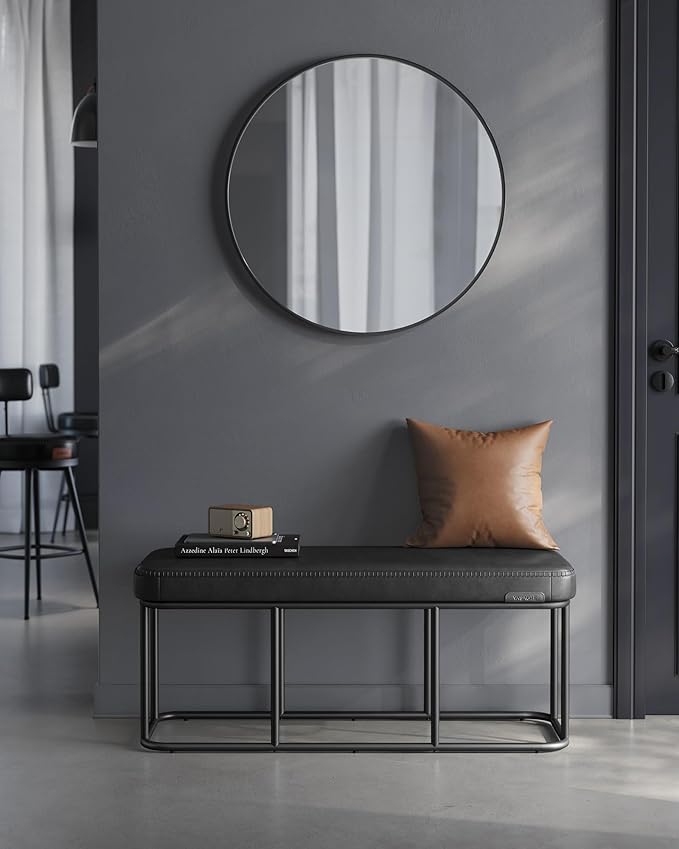 VASAGLE EKHO Collection - Storage Bench for Entryway, Ottoman Bench with Steel Frame, 43.3-Inch Wide, Synthetic Leather, Living Dining Room, Mid-Century Modern, Loads 660 lb, Ink Black ULOM085B01