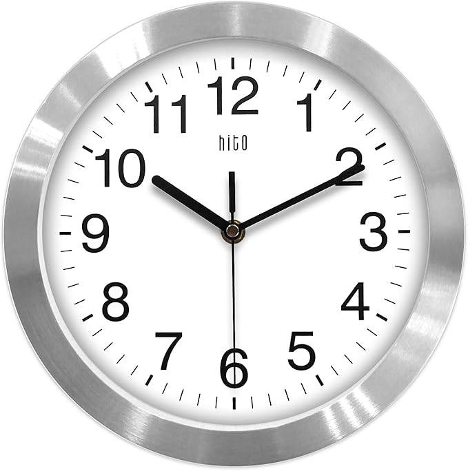 HITO 10 Inch Silent Wall Clock Battery Operated Non Ticking Glass Cover Silver Aluminum Frame, for Kitchen, Bedroom, Home Office, Living Room Decor