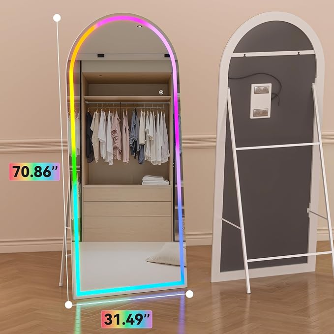 Hasipu 70.8" x 31.4" Arch LED RGB Bluetooth Full Length Mirror with Stand & 7 Color Lighting Modes, Full Body Mirror with White Frame for Bedroom, Living Room, Dressing Room