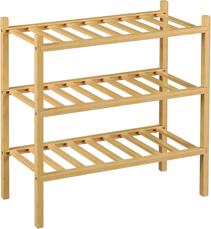 3-Tier Bamboo Small Shoe Rack, Free Standing Wood Shoe Shelf Storage Organizer for Closet Entryway Stackable (Natural)