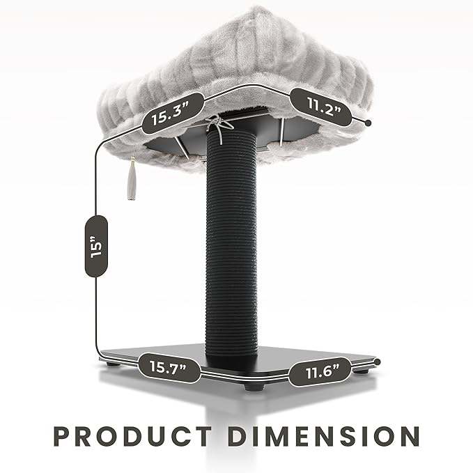 Modern Scratching Post for Indoor Cats - 15” High Cat Scratching Post with Bed Breeds - 15.7” x 11.6” Removable & Washable Cushion (Black Post with Gray Bed)