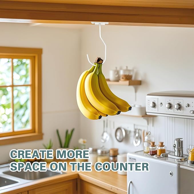 Banana Hanger Hook – Space Saving Banana Holder Hanger to Keep Bananas Fresh, Self Adhesive and Screw Banana Hook 1Pack White