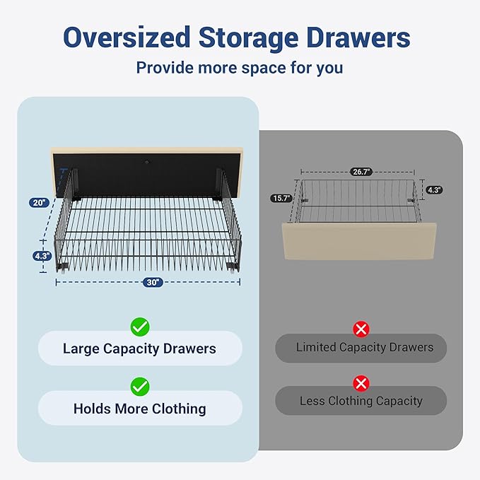 Allewie Vertical Tufted King Size Upholstered Platform Bed Frame with 2-Tier LED Storage Headboard & 2 Storage Drawers, USB & Type-C Charging Ports, Noise-Free/No Box Spring Needed, Beige