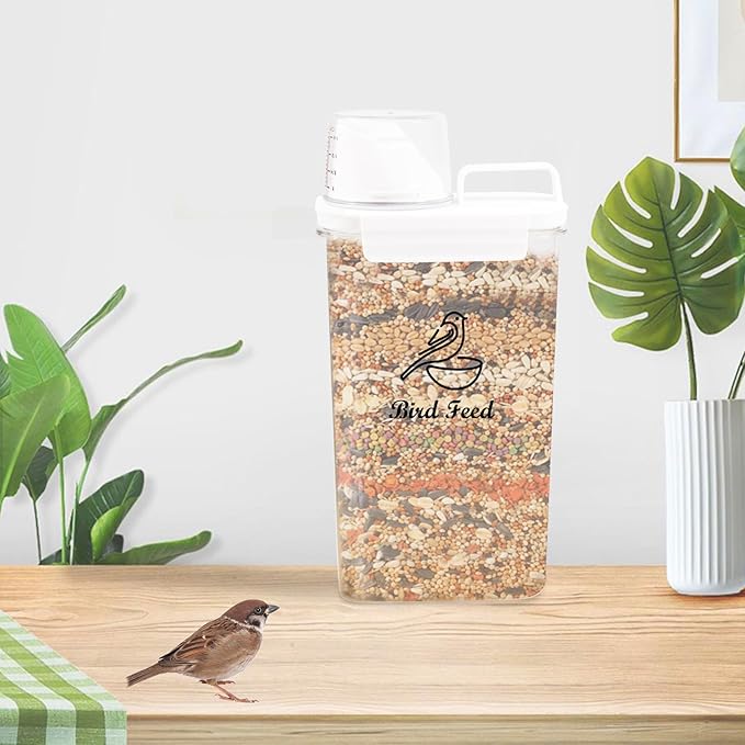 Bird Seed Storage Container Portable,2.5L/3 Qt Airtight Pet Food Container with Measuring Cup,Bird Food Container for Wild Bird Sunflower Seed-BPA Free Transparent