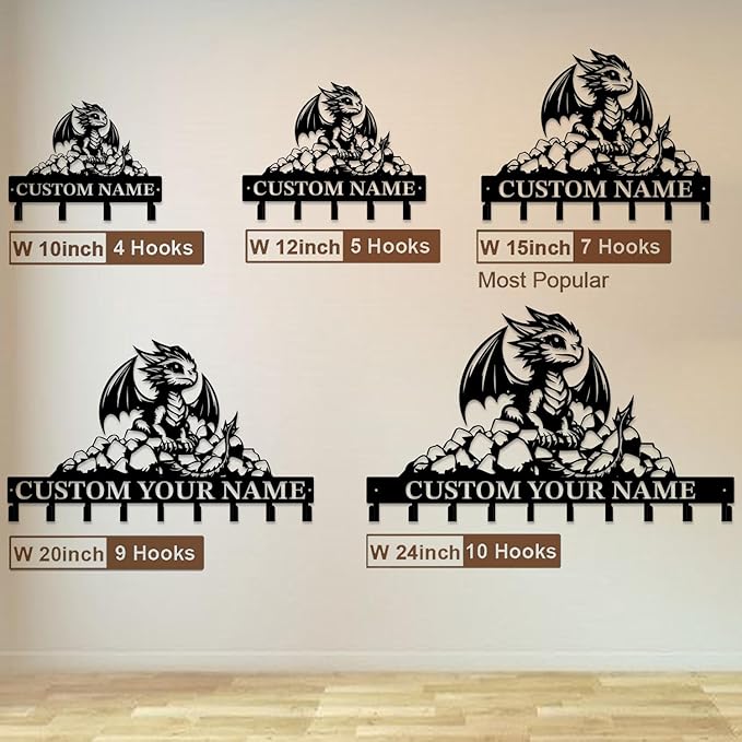 Customized Name Key Hook - Evil Dragon Design Keys Holder Decor Black Iron Metal Wall Organizer for Home & Office (Multiple Sizes) (Style C)