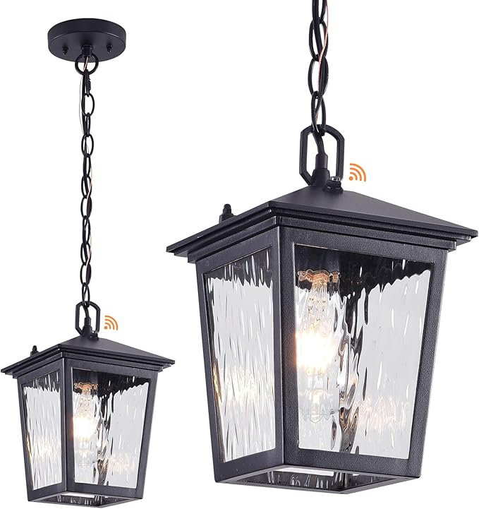 Outdoor Pendant Light, Black Outdoor Porch Light fixtures with Dusk to Dawn Sensor, Exterior Hanging Lantern Height Adjustable Outside Chandelier with Water Glass for House Patio Garage