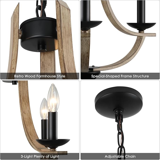 Farmhouse Chandelier for Dining Room 3-Light 19" Wide Adjustable Kitchen Island Pendant Lighting, Rustic Hanging Light Fixture for Entryway Foyer Bedroom Living Room,