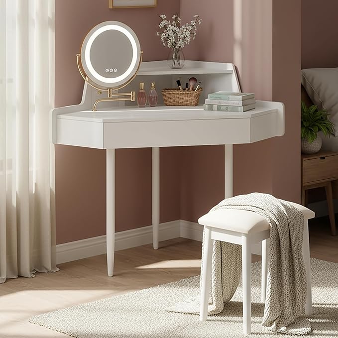 Merax Corner Vanity Desk with Mirror and Lights and Stool, White Makeup Vanity with Storage & Adjustable Light, Girl Glass Top Dressing Table with Small Sliding Glass Door, Drawer and Display Shelf