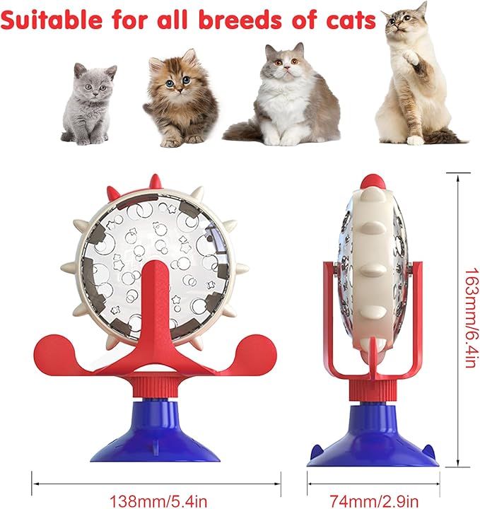 Cat Dog Treat Dispenser Toy - Cat Interactive Feeder Pet Food Toys Feeder 360° Degree Rotating Food Leakage Device Rotate with Strong Suction Cup Money Wheel Shape (American Blue)